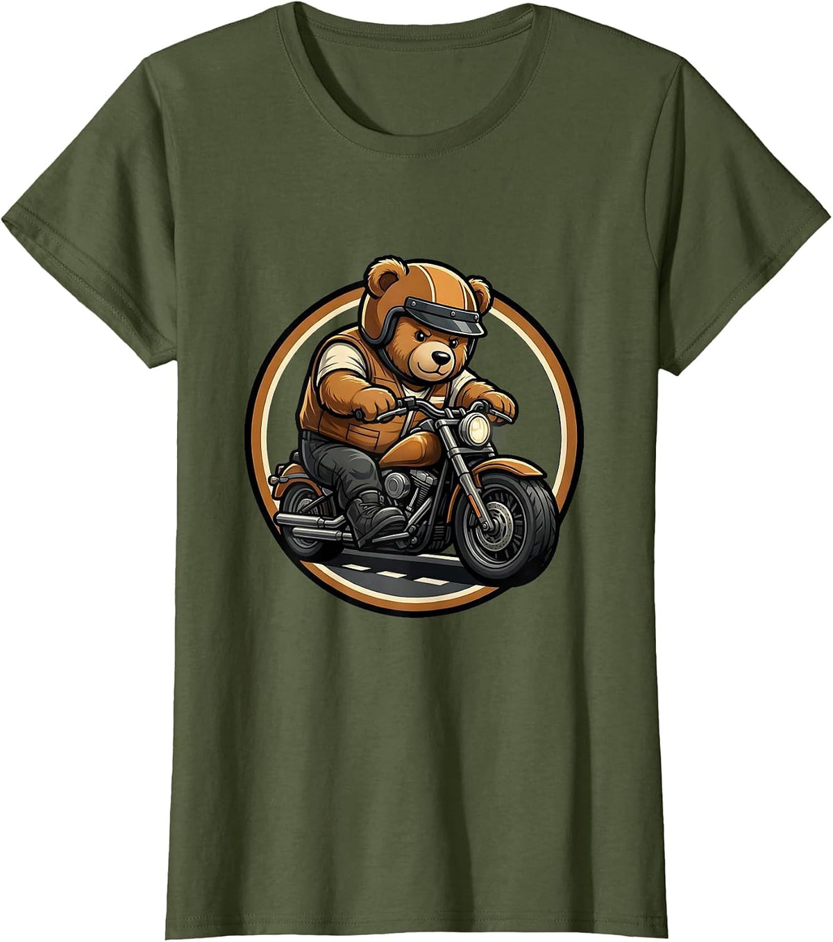 Women's Teddy Bear Motorcycle Open Road Graphic Tee T-Shirt - Olive Green