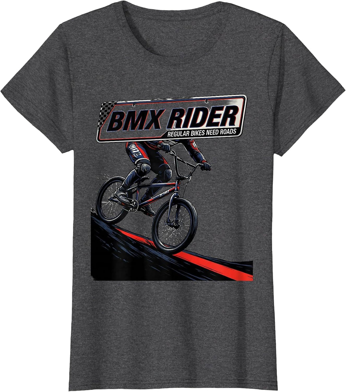 Women's BMX Rider, Regular Bikes Need Roads Racing Livery Graphic T-Shirt - Dark Heather Grey