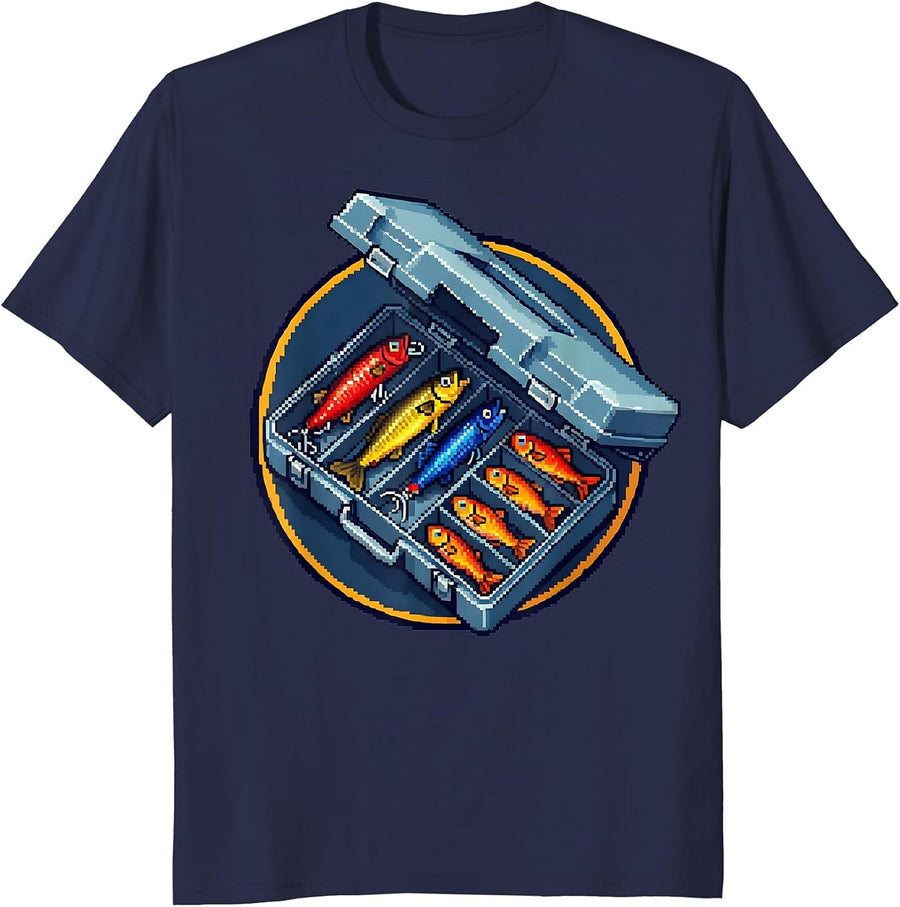 Fishing Tackle Box Colorful Lures Illustration T-Shirt - Navy Blue