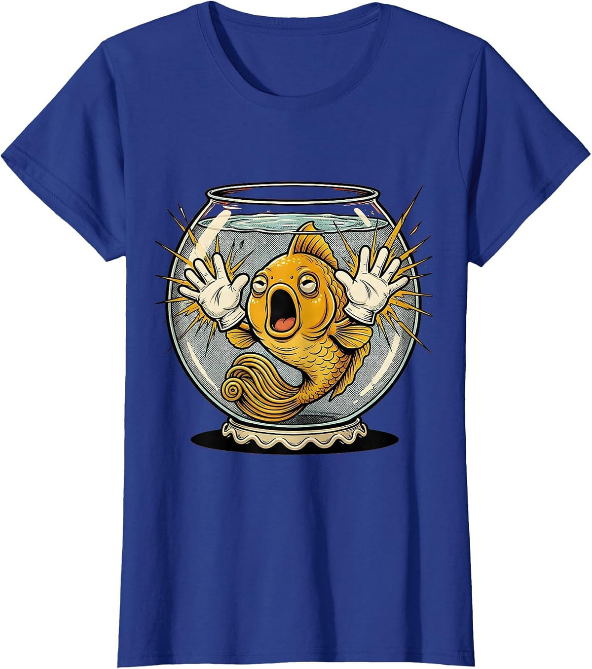 Women's Goldfish Staring Out of a Cracked Fishbowl T-Shirt - Royal Blue