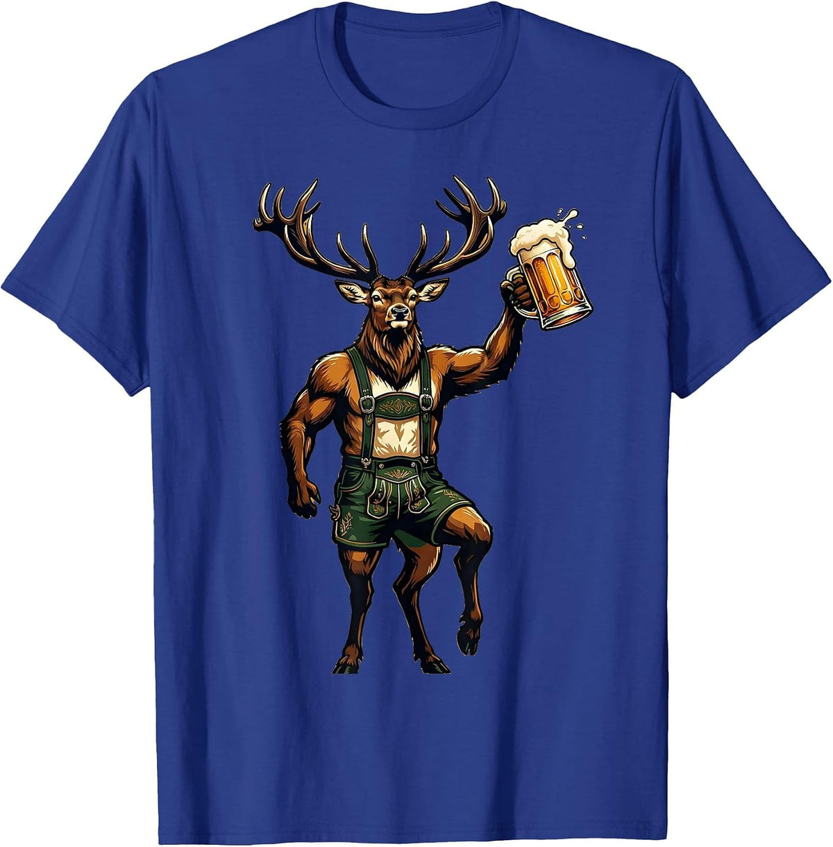 Men's Lederhosen Stag Beer Mug Oktoberfest Design T-Shirt - Royal Blue