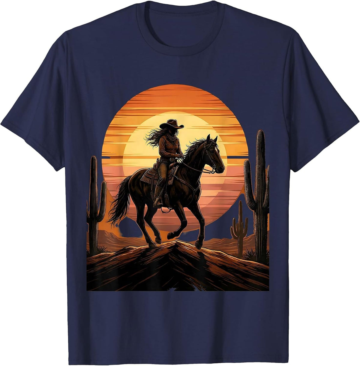 Cowgirl Silhouette Desert Sunset Graphic T-Shirt - Navy Blue