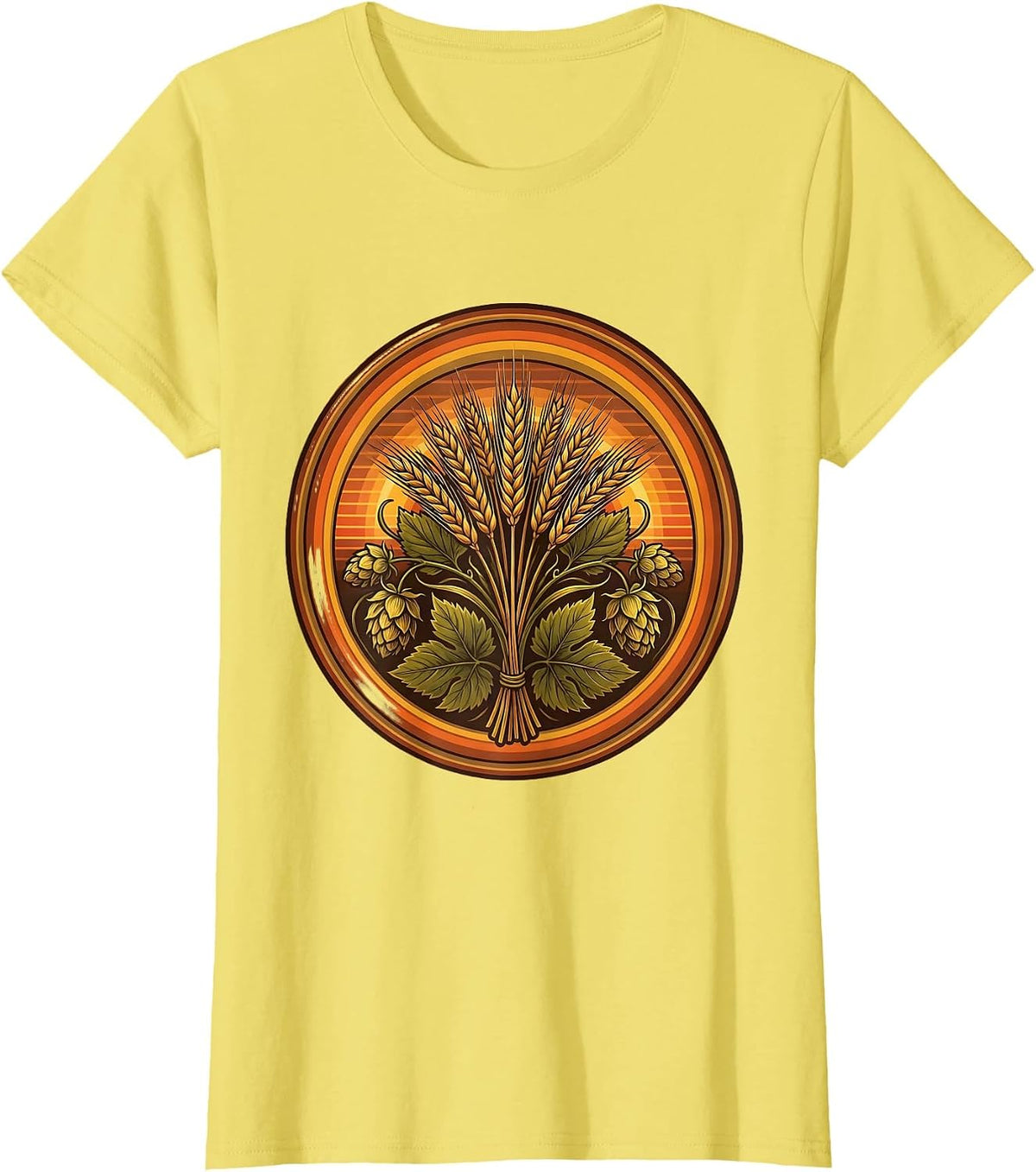 Oktoberfest Hop Flowers and Barley Wheat Design T-Shirt - Lemon Yellow