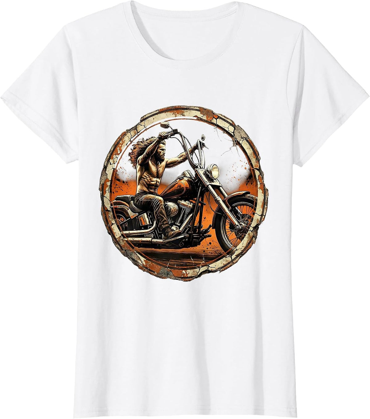 70s Shirtless Biker Chopper Motorcycle Illustration T-Shirt - White