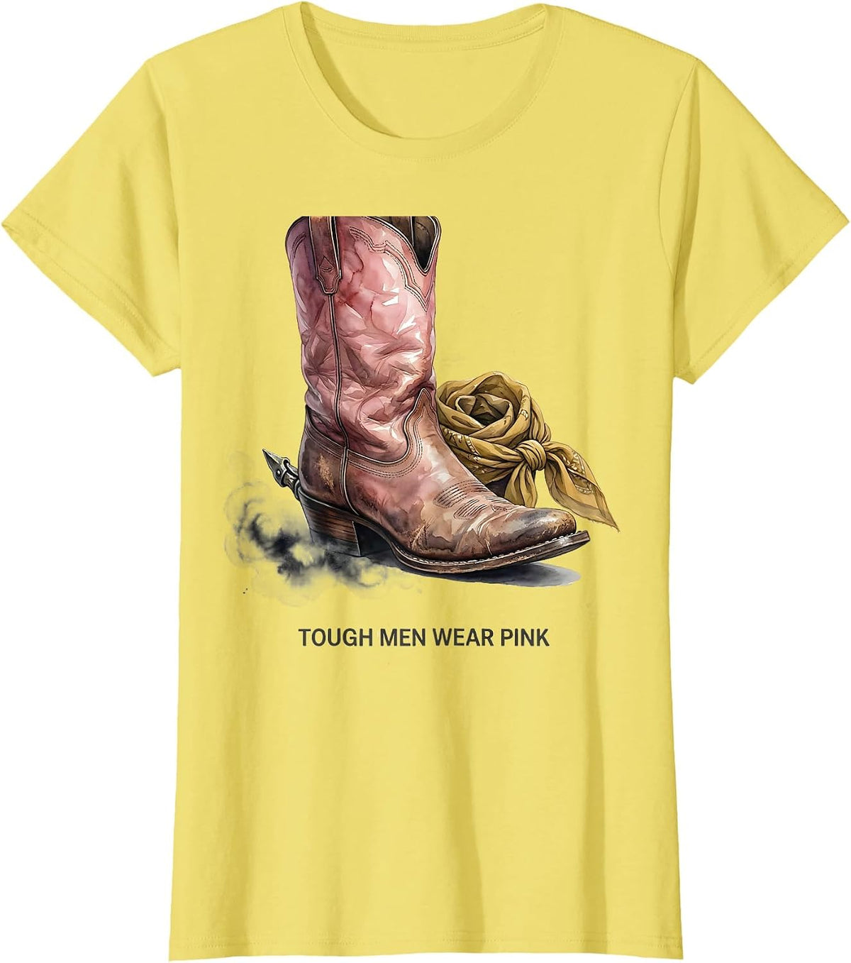 Women's Tough Men Wear Pink Watercolor Cowboy Boot Humor T-Shirt - Lemon Yellow