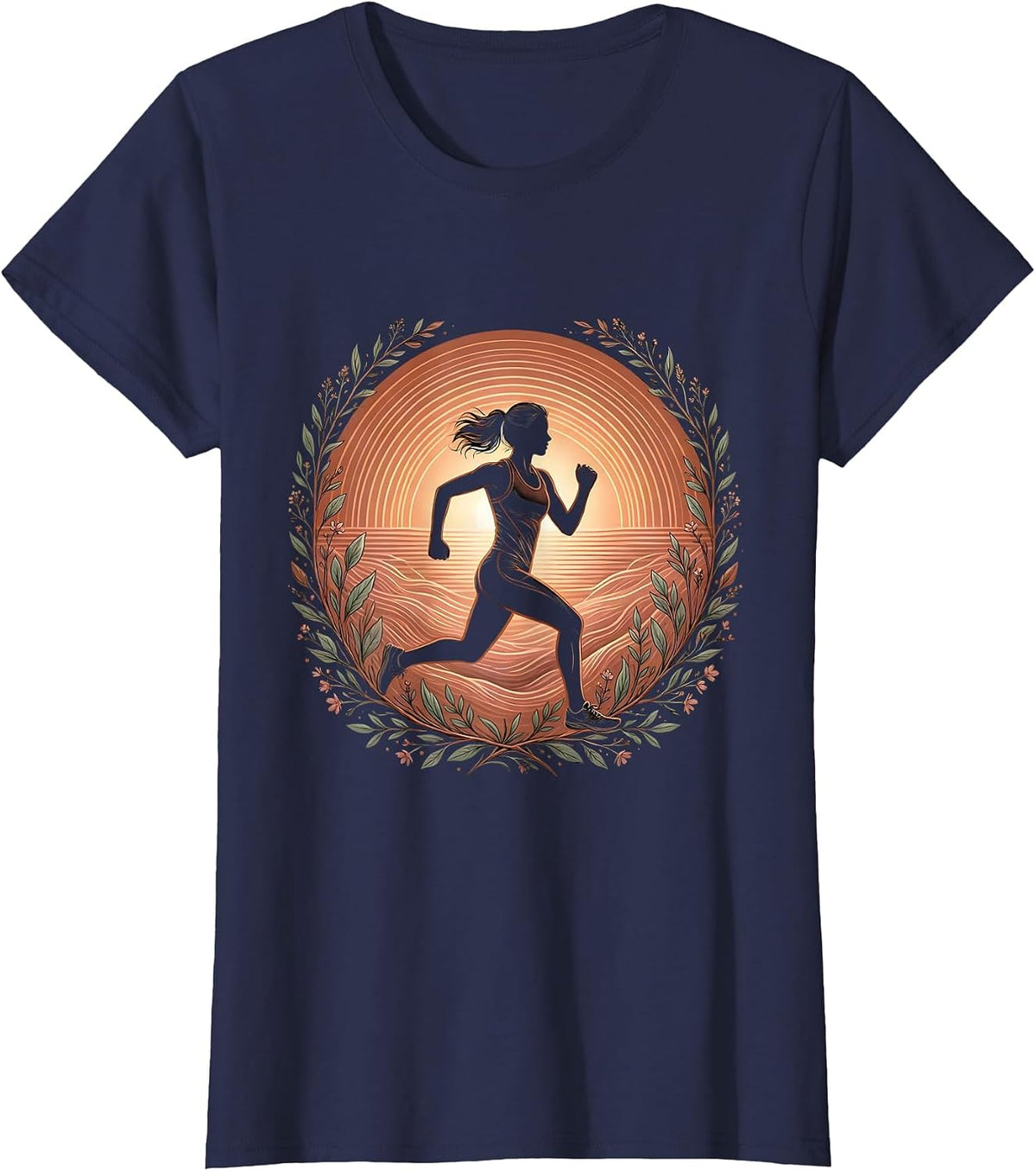 Women's Runner Silhouette Sunrise Burst Athleisure Design T-Shirt - Navy Blue