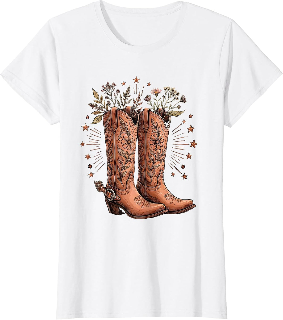 Cowgirl Boots Spurs and Stars Western Graphic T-Shirt - White