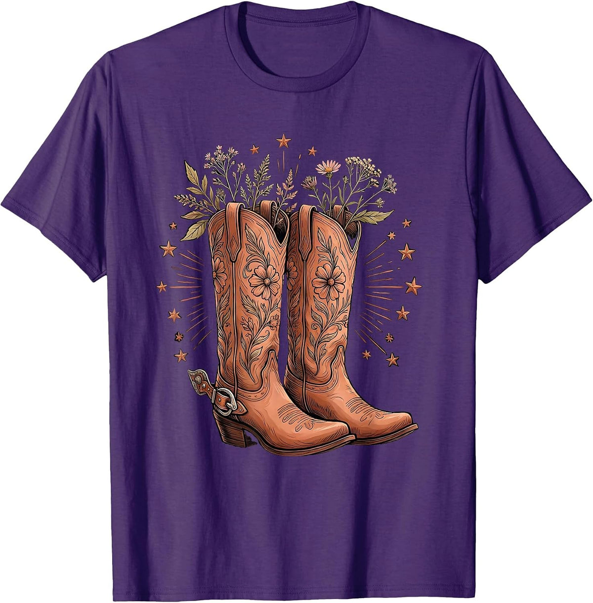 Cowgirl Boots Spurs and Stars Western Graphic T-Shirt - Purple