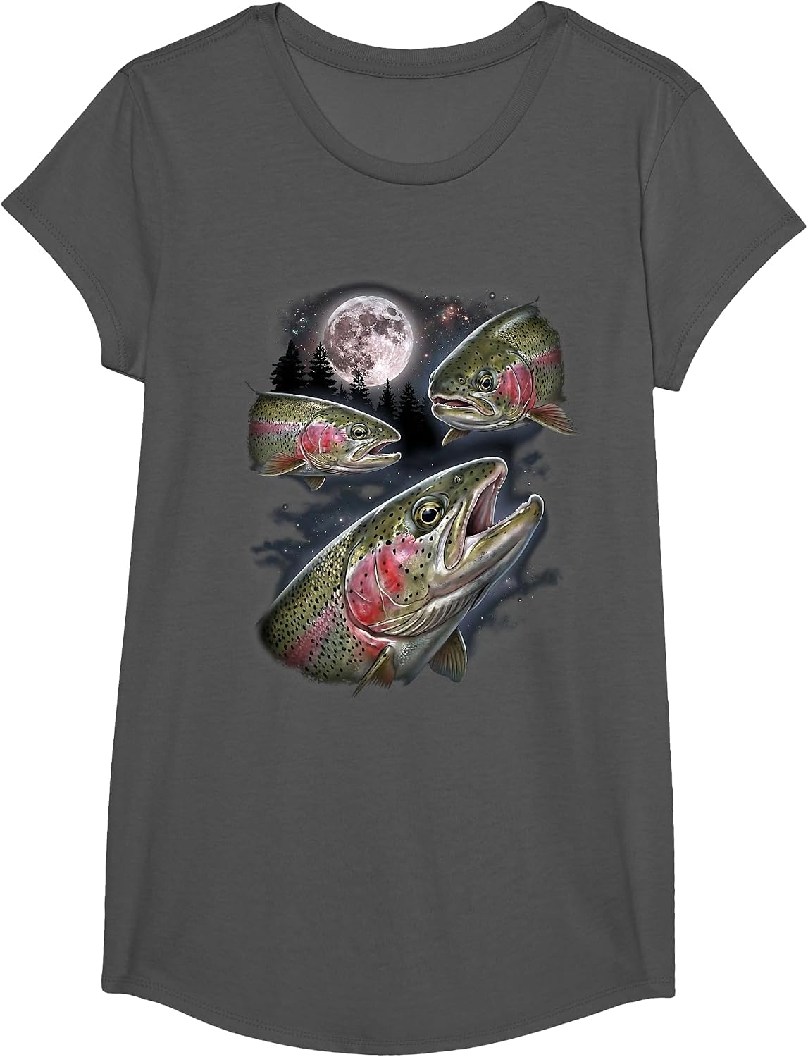 Rainbow Trout Fisherman Howling Moon Design Vintage Fishing T-Shirt - Girls Asphalt Grey