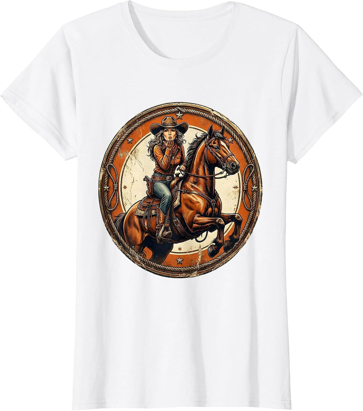 Women's Sassy Cowgirl Blowing Kiss From Horseback T-Shirt - White