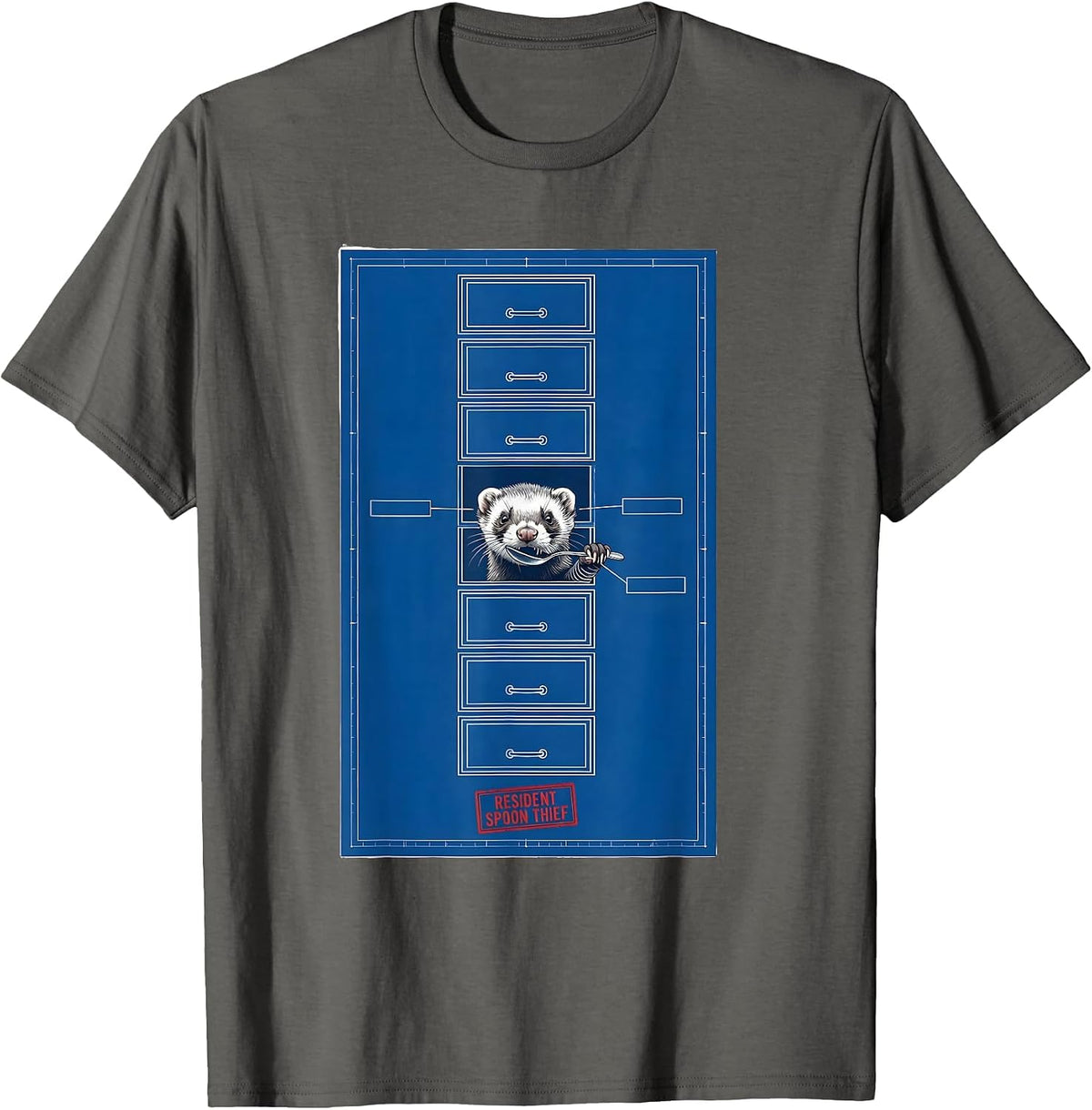 Resident Spoon Thief Technical Blueprint Ferret Lover Humor T-Shirt - Asphalt Grey