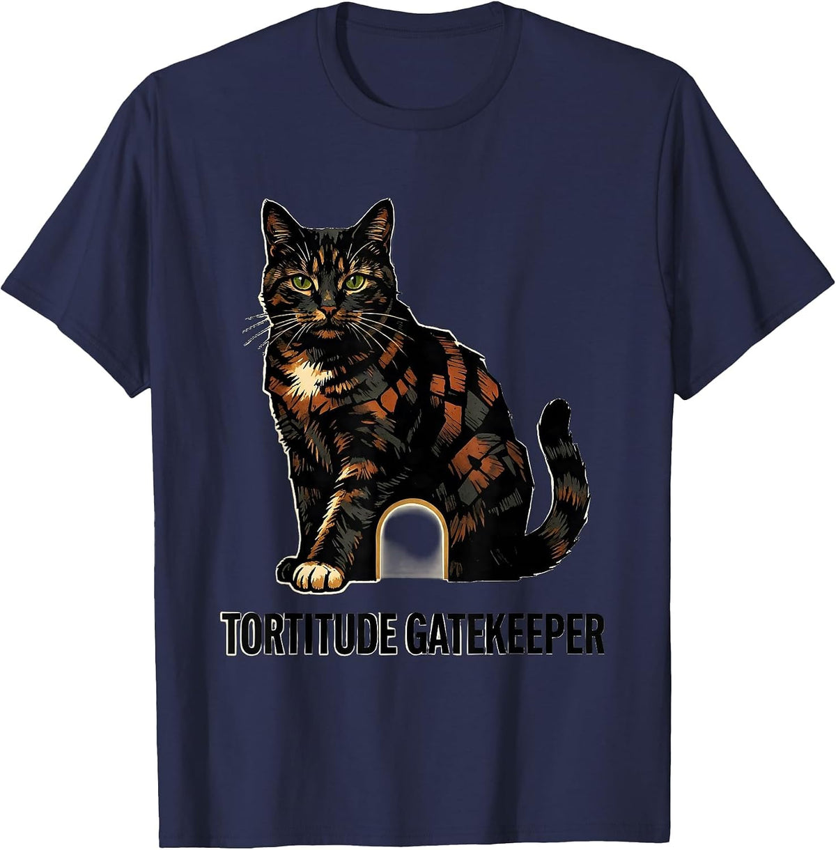 Tortitude Gatekeeper Linocut Tortoiseshell Cat Owner Humor T-Shirt - Navy Blue