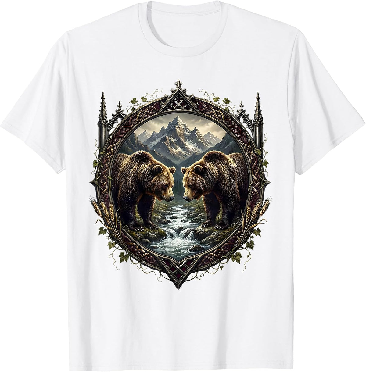 Men's Oktoberfest Bears Mountain Stream Illustration T-Shirt - White
