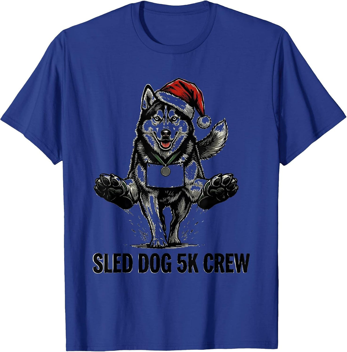 Men's Sled Dog 5K Crew Linocut Funny Christmas Run Runner Gift T-Shirt - Royal Blue