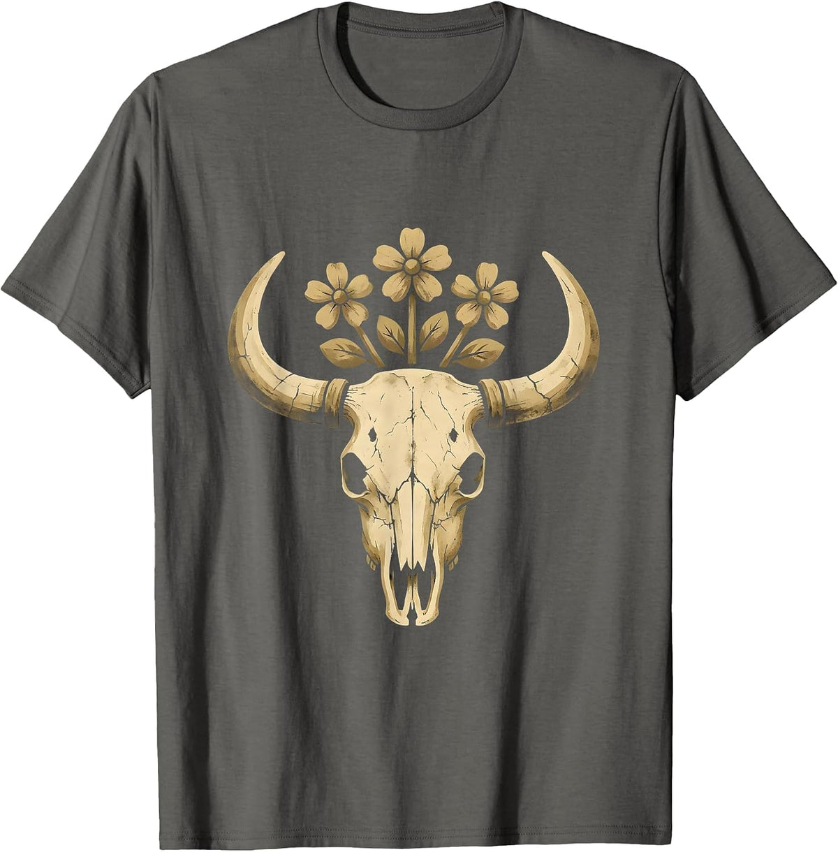 Cow Skull Wild Prairie Flowers 90s Country T-Shirt - Asphalt Grey