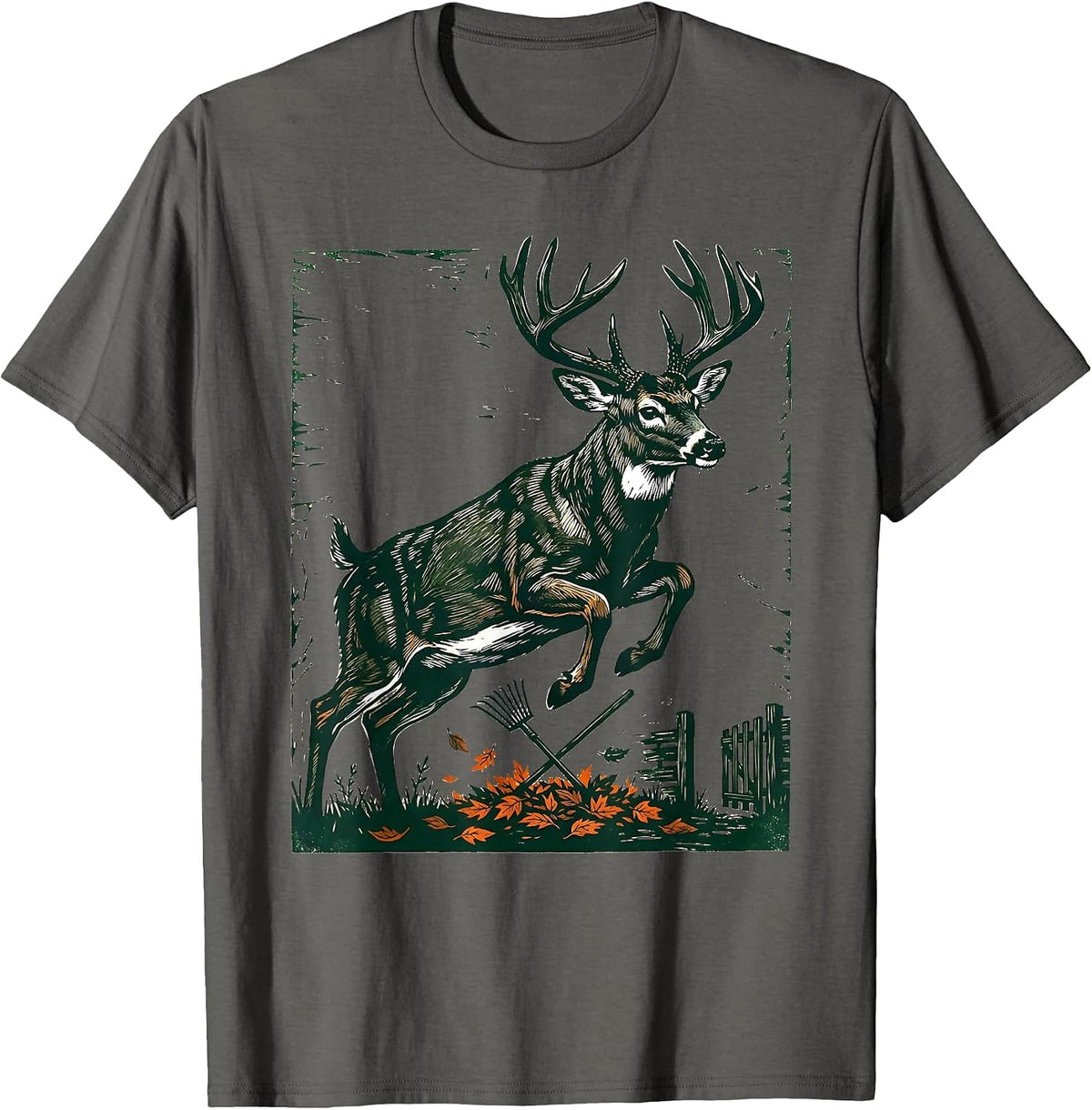 Men's Leaping Buck Silhouette Linocut Hunting Dad Gift T-Shirt - Asphalt Grey