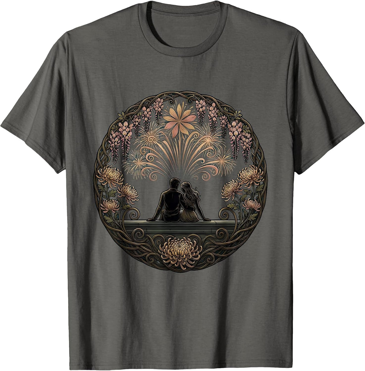 Couple Watching Fireworks From a Rooftop T-Shirt - Asphalt Grey