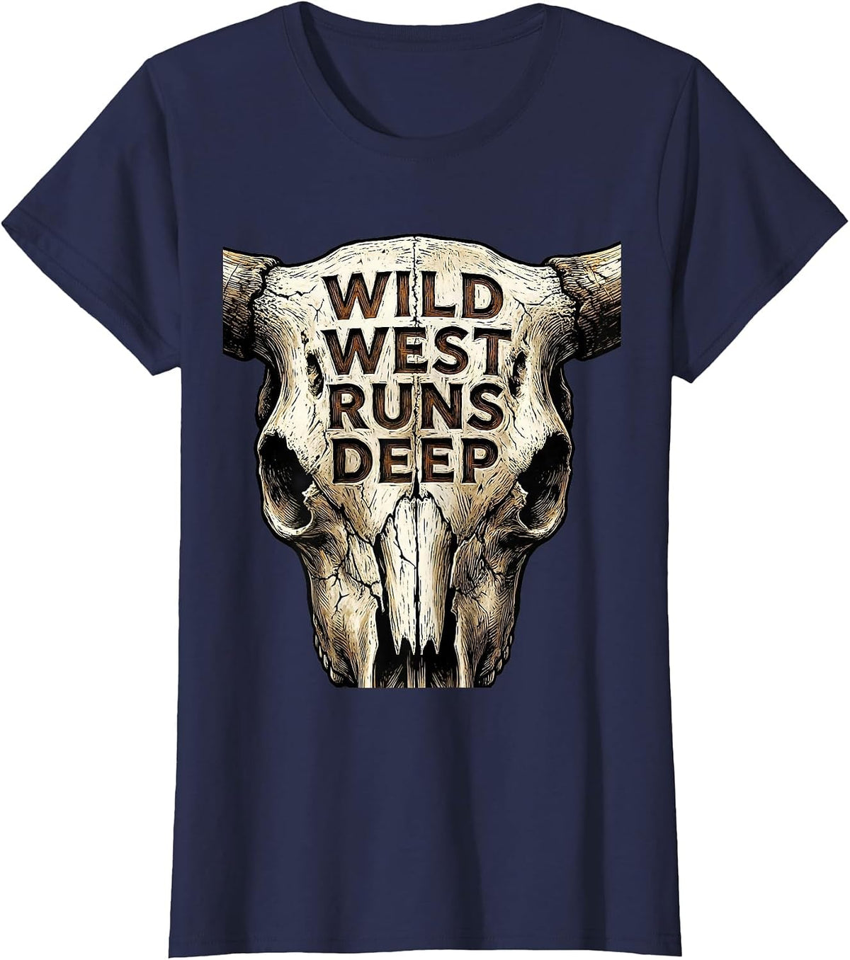 Women's Wild West Runs Deep Cowboy Graphic Design T-Shirt - Navy Blue