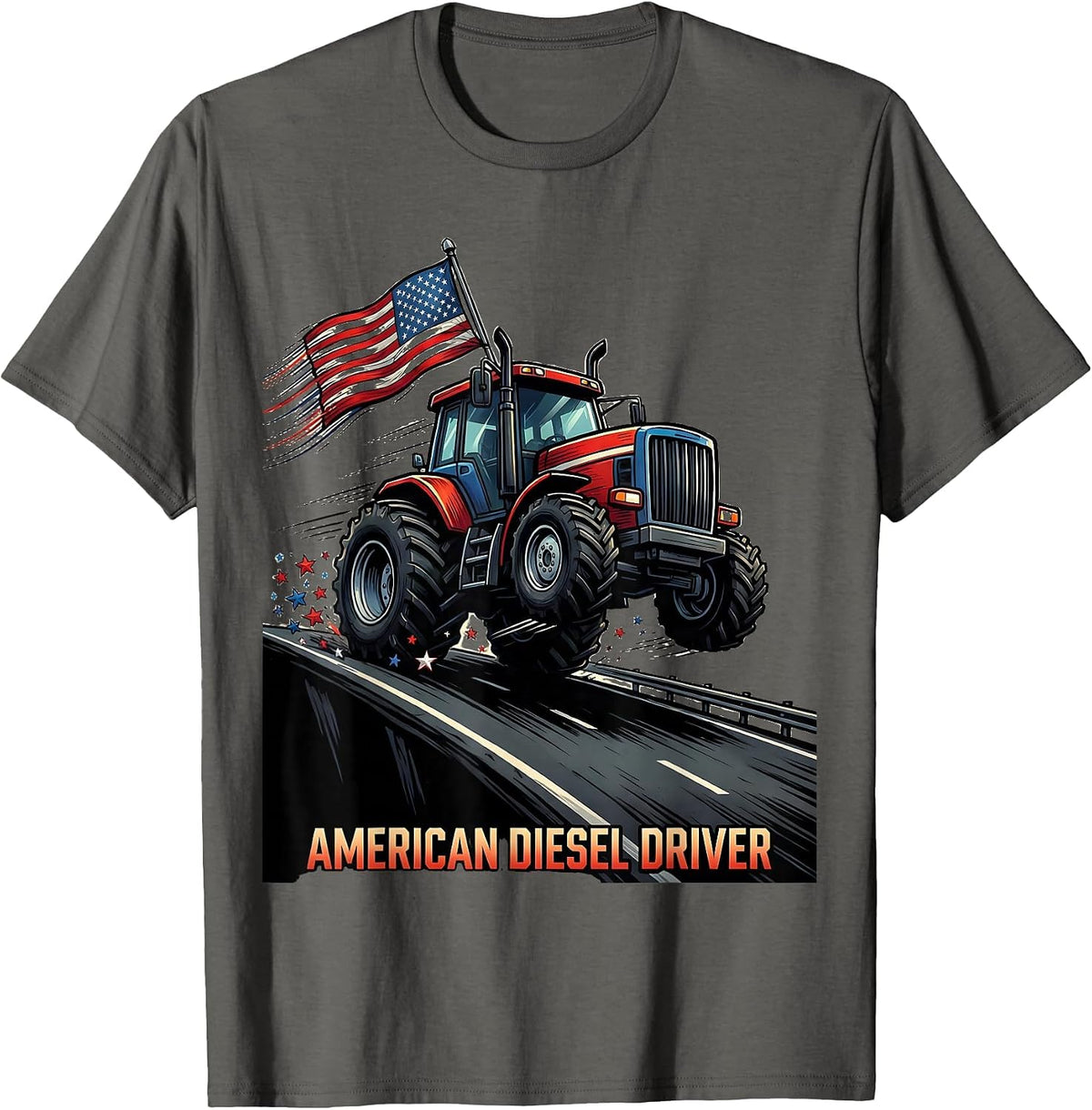 American Diesel Driver Cartoon Semi Truck Patriotic Driver T-Shirt - Asphalt Grey