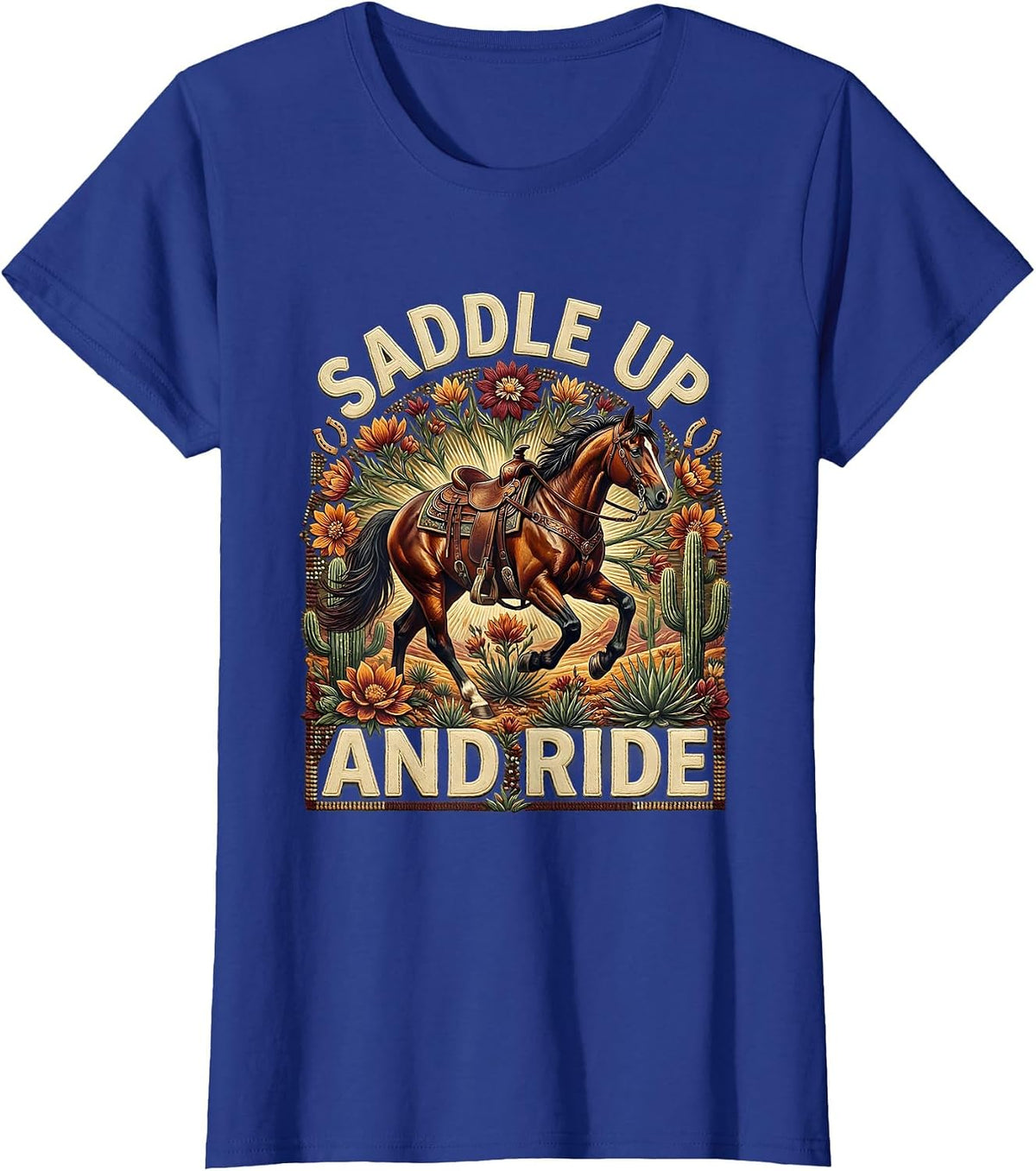 Women's Saddle Up and Ride Western Cowboy Design T-Shirt - Royal Blue