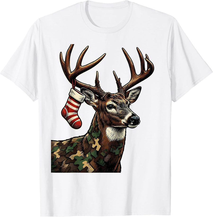 Men's Buck Shoulder Camo Christmas Hunting Party Gift T-Shirt - White