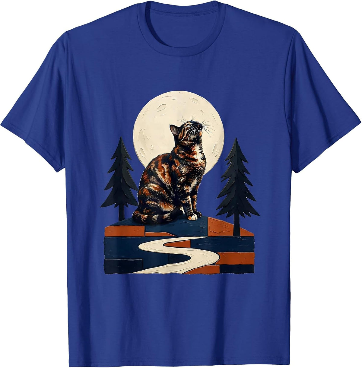 Men's Tortoiseshell Cat Howling at Moon Storybook Fantasy T-Shirt - Royal Blue