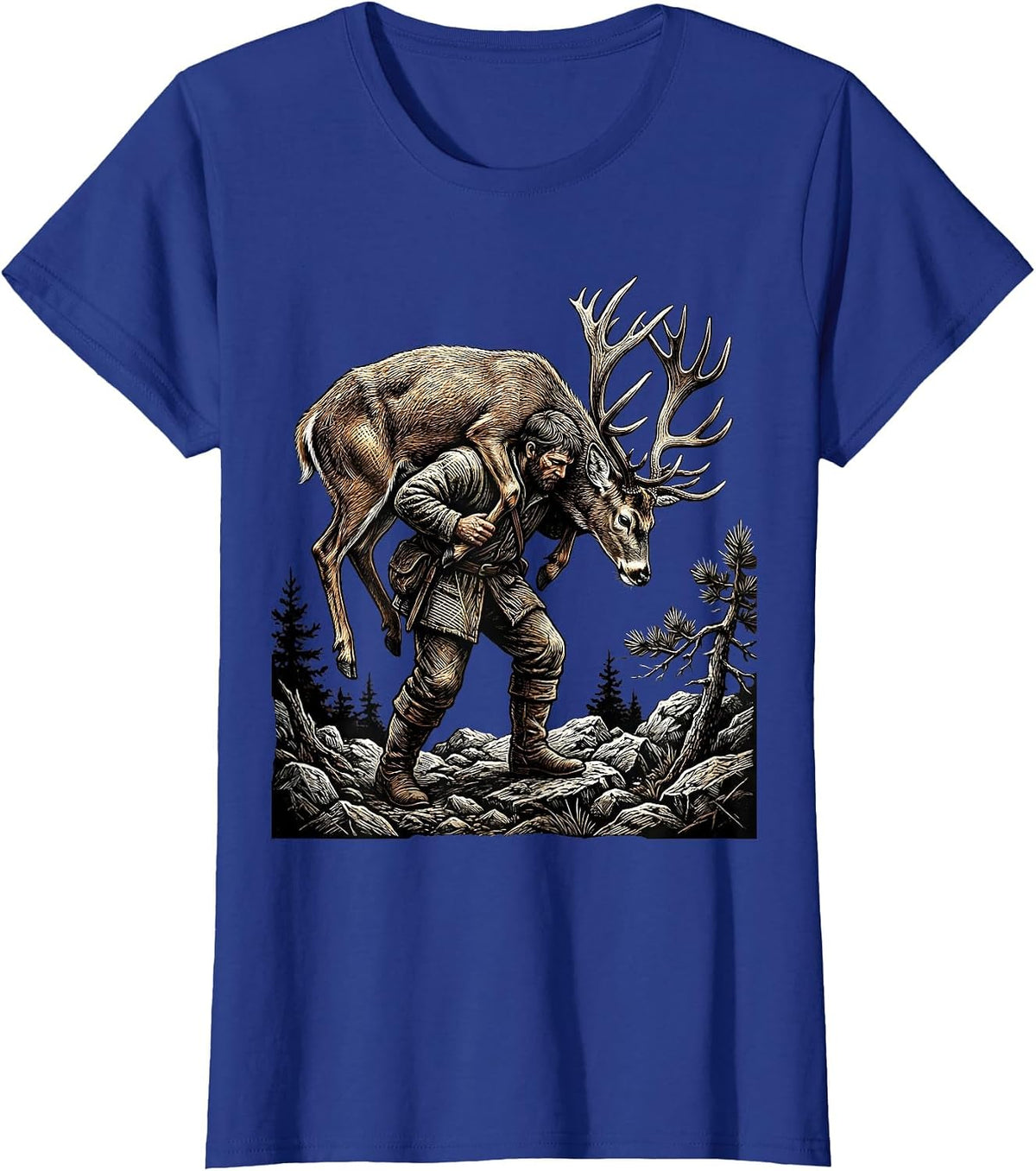 Women's Deer Carrier Rugged Terrain Hunting Illustration T-Shirt - Royal Blue