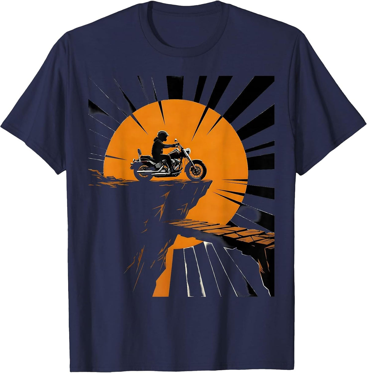 Motorcycle Cliff Edge Sunset Silhouette Design T-Shirt - Navy Blue