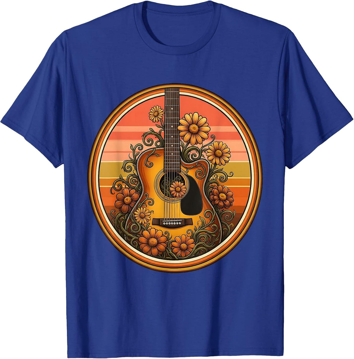 Acoustic Guitar Floral Vine Bloom Illustration T-Shirt - Royal Blue