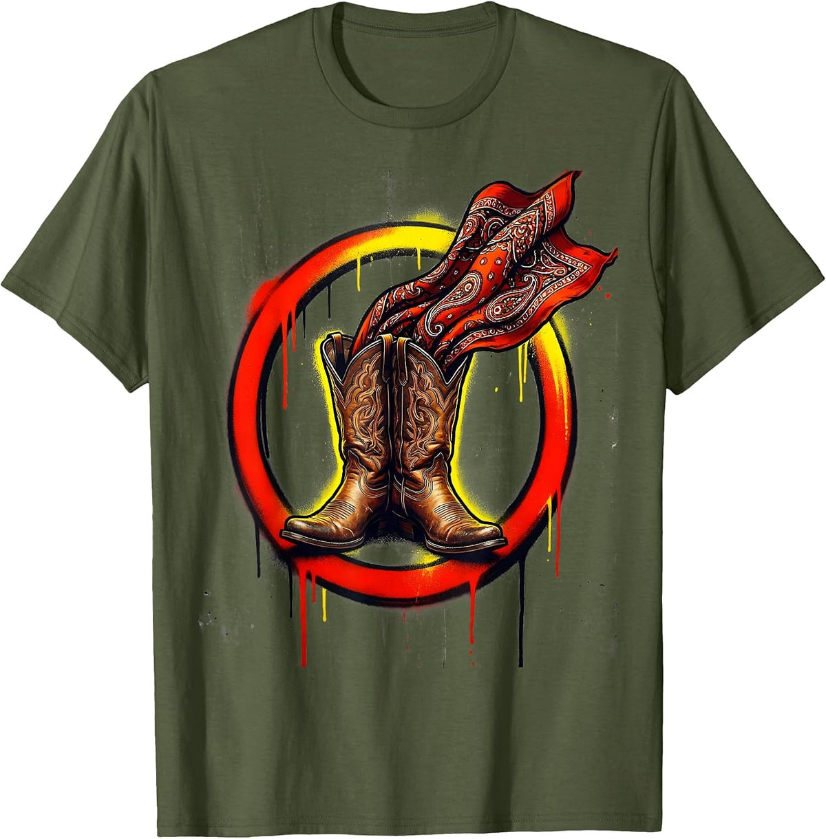 Cowboy Boots With Bandana Western Graphic Tee T-Shirt - Olive Green