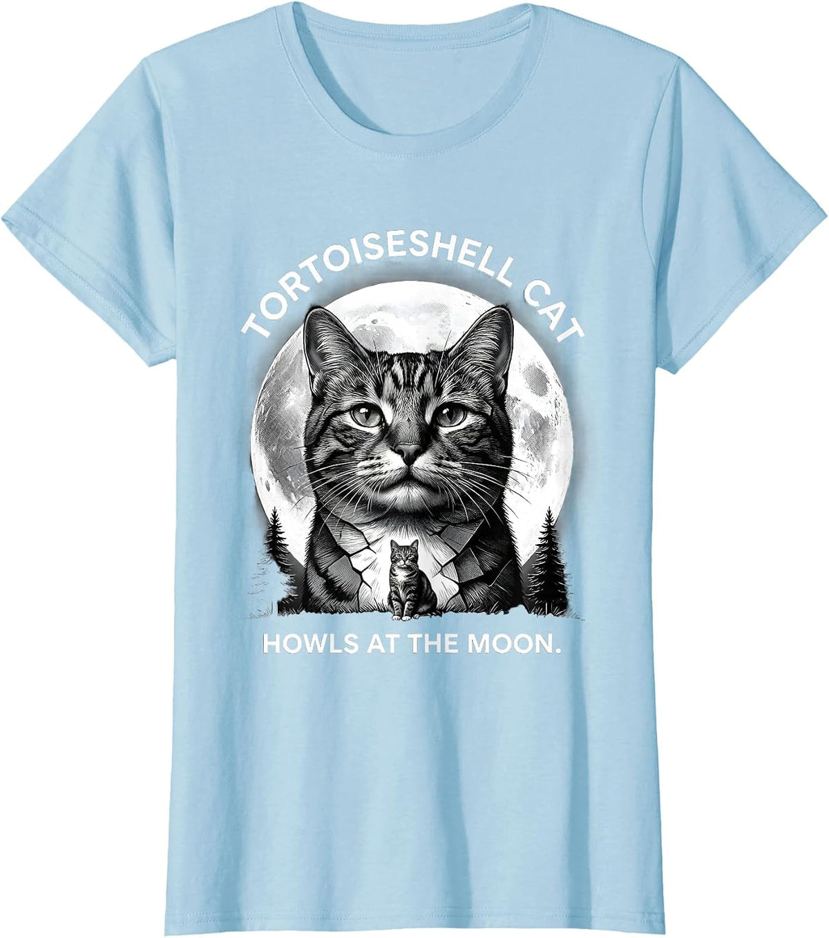 Women's Tortoiseshell Cat Howls at the Moon 90s Retro Novelty T-Shirt - Baby Blue