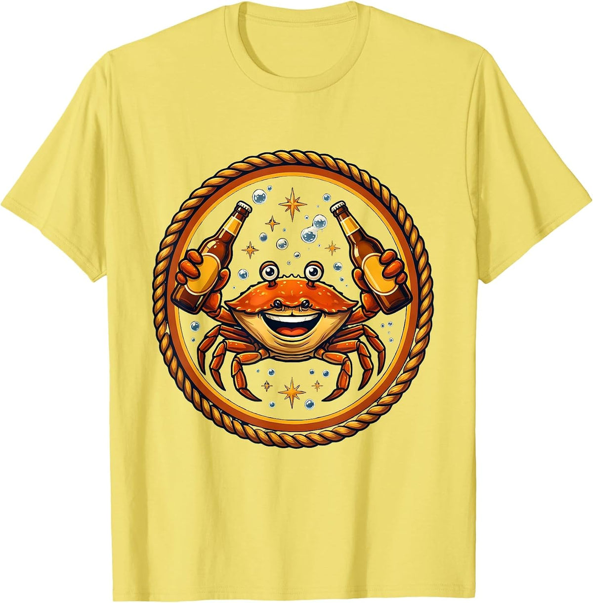 Men's Happy Hour Crab Holding a Cold Beer Illustration T-Shirt - Lemon Yellow