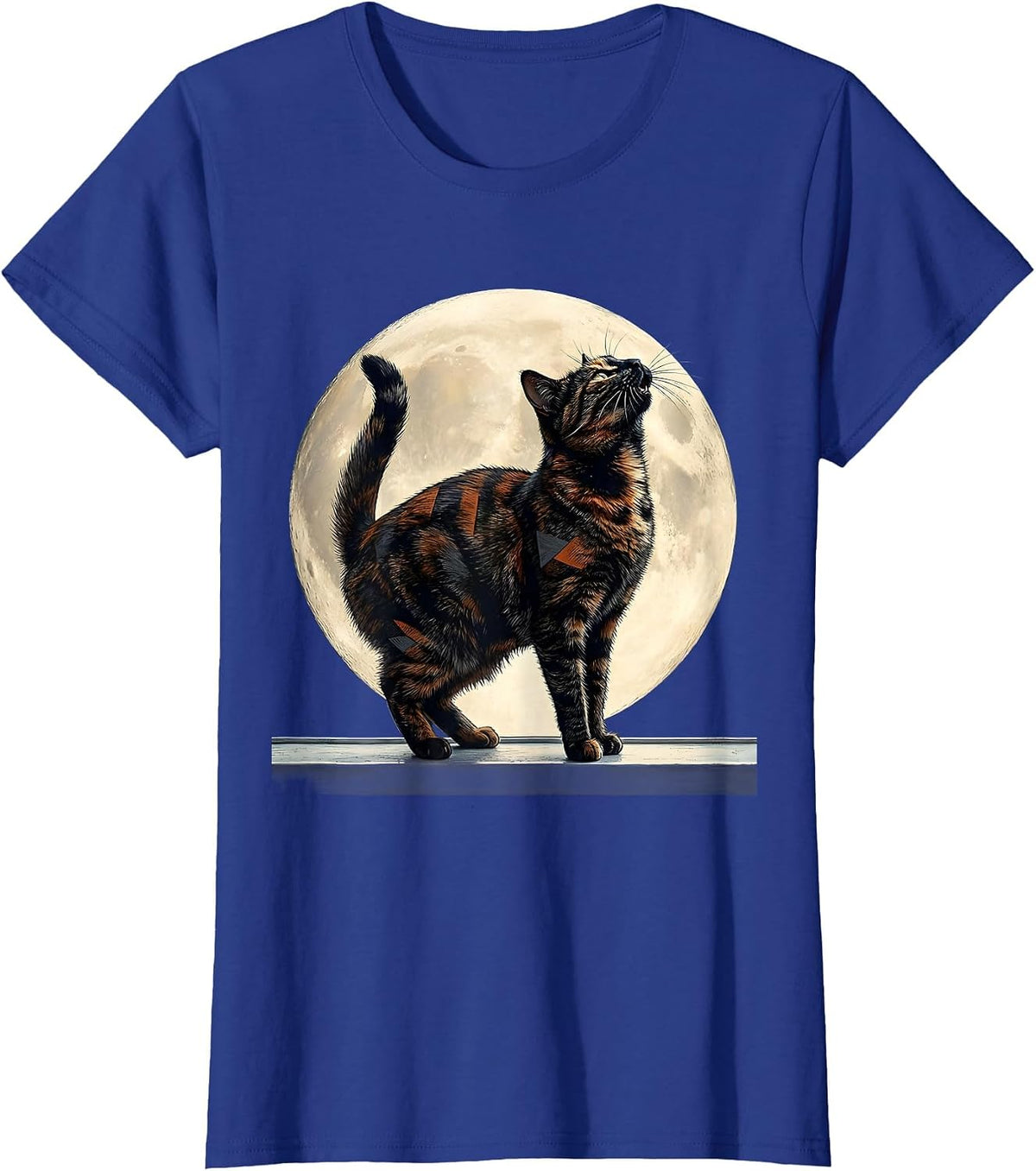 Women's Tortoiseshell Cat Howling at Moon 90's Retro Novelty T-Shirt - Royal Blue
