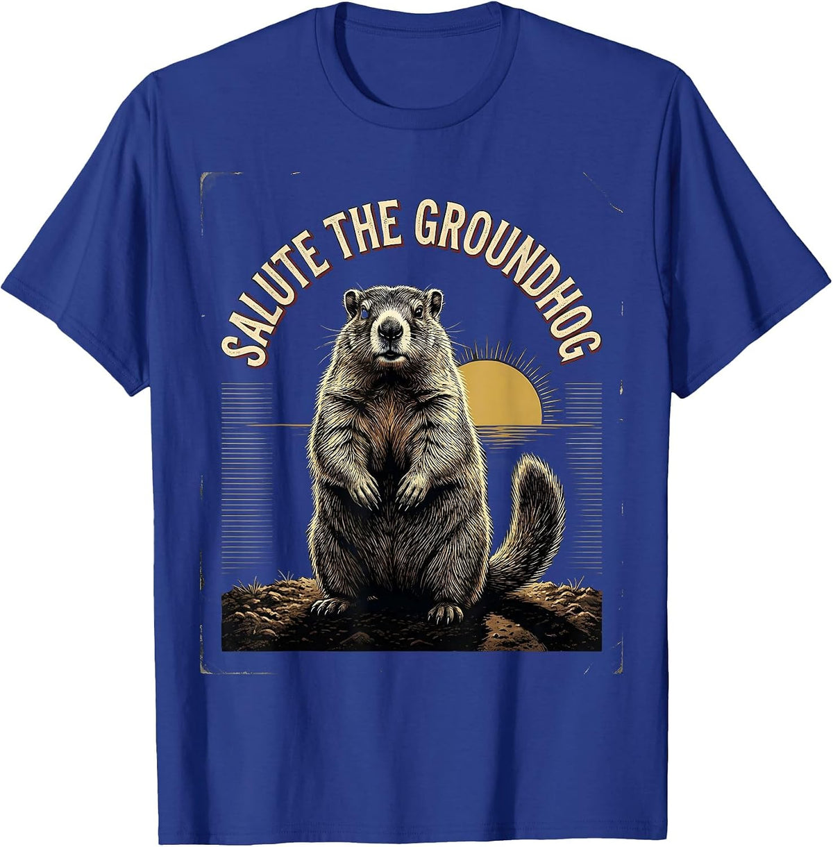 Salute The Groundhog Funny Groundhog Day Vintage Badge Humor T-Shirt - Royal Blue