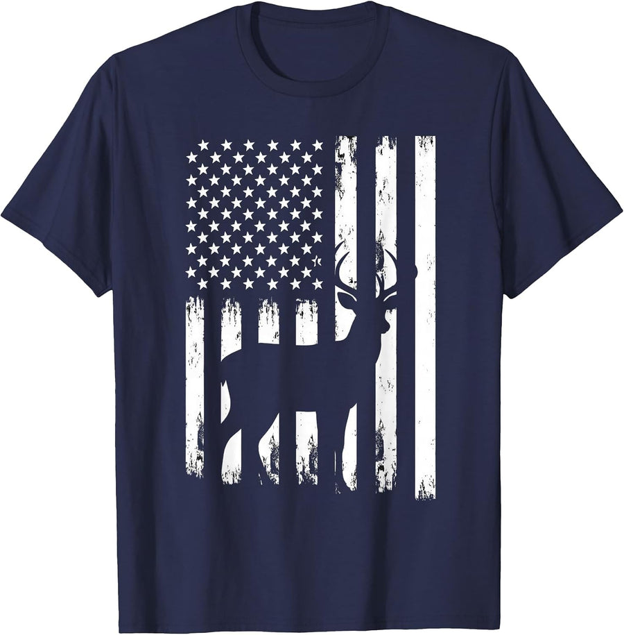 Deer Hunting Hunter Camo USA American Flag Patriotic Graphic T-Shirt - Navy Blue