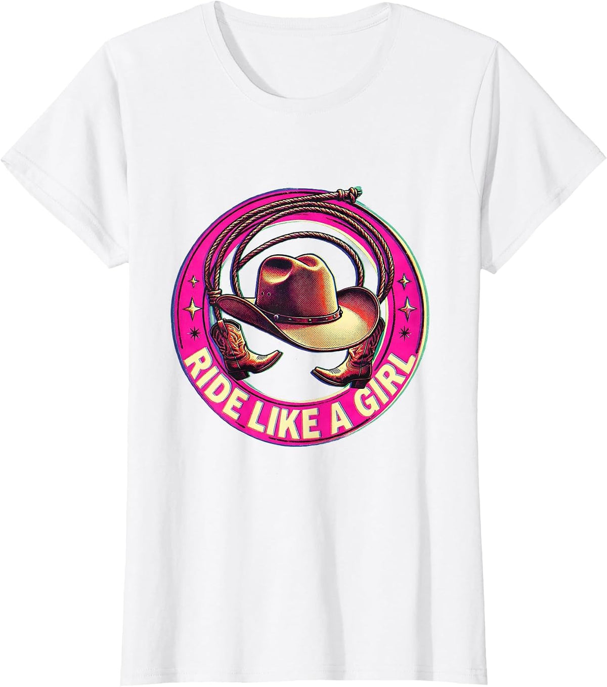 Women's Ride Like a Girl Pink Cowgirl Design T-Shirt - White