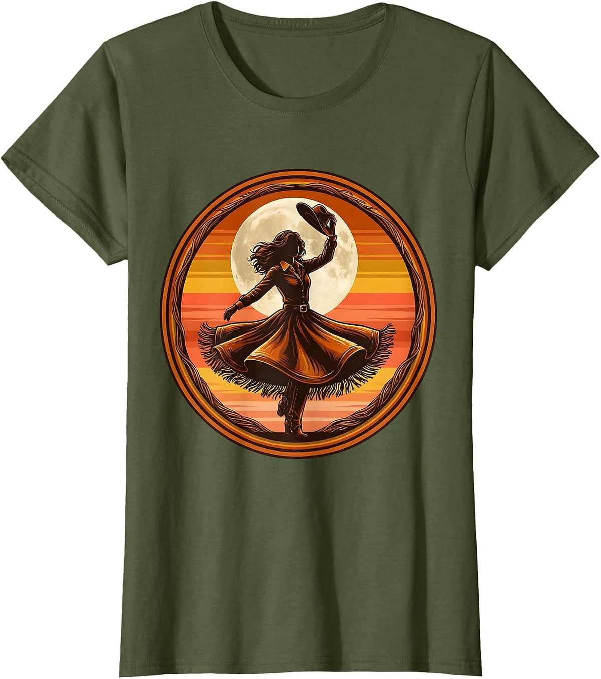 Women's Cowgirl Silhouette Twirling Under Full Moon T-Shirt - Olive Green