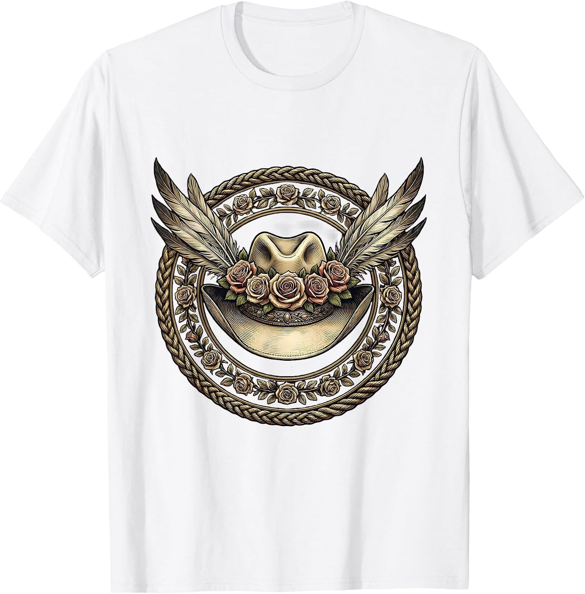 Men's Cowgirl Hat With Feathers and Roses Graphic T-Shirt - White