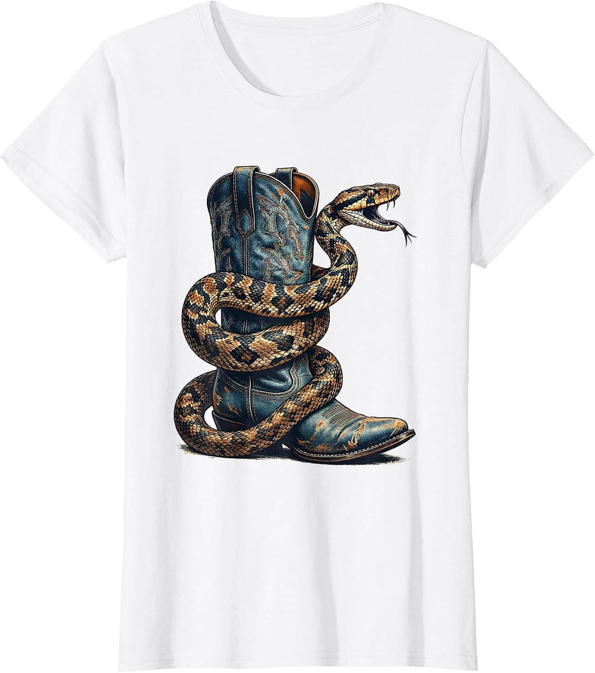 Women's Denim Cowgirl Snake Coiled Cowboy Boot Graphic T-Shirt - White