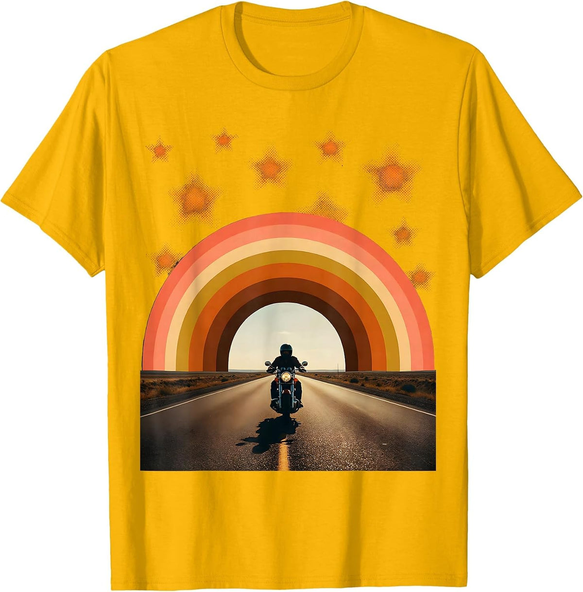 Lone Rider Starry Night Motorcycle Graphic T-Shirt - Golden Yellow