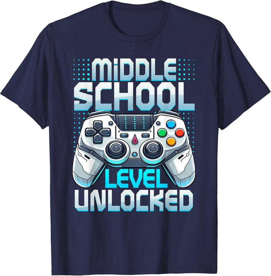 First Day of Middle School Level Unlocked Back to School T-Shirt - Navy Blue