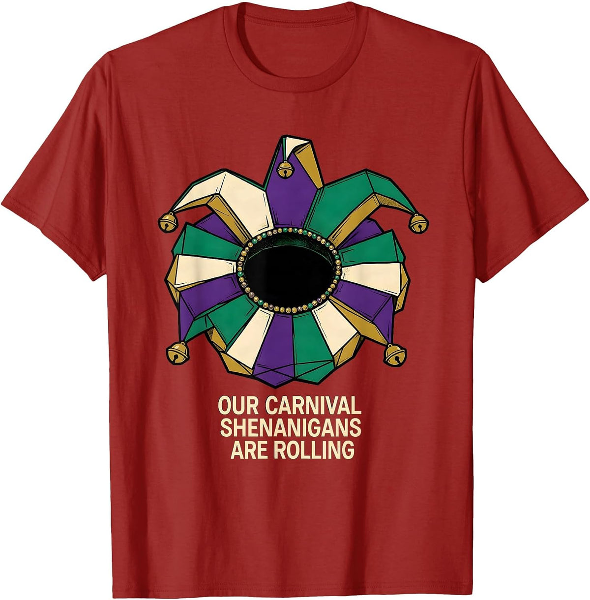 Men's Our Carnival Shenanigans Are Rolling Mardi Gras Jester T-Shirt - Cranberry Red
