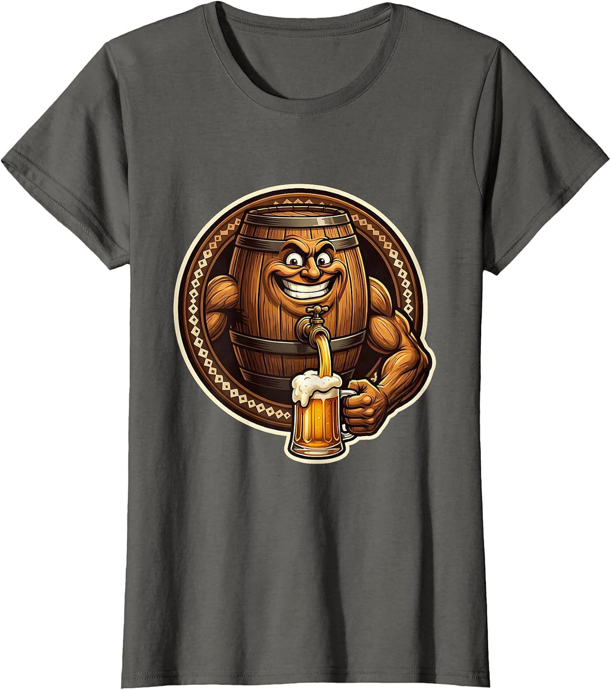 Women's Oktoberfest Beer Barrel Tap Pouring Golden Beer T-Shirt - Asphalt Grey
