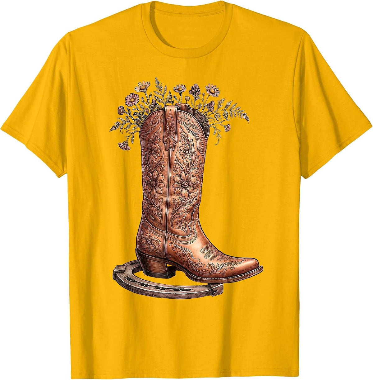 Bold Cowboy Boot Crushing Horseshoe Graphic T-Shirt - Golden Yellow
