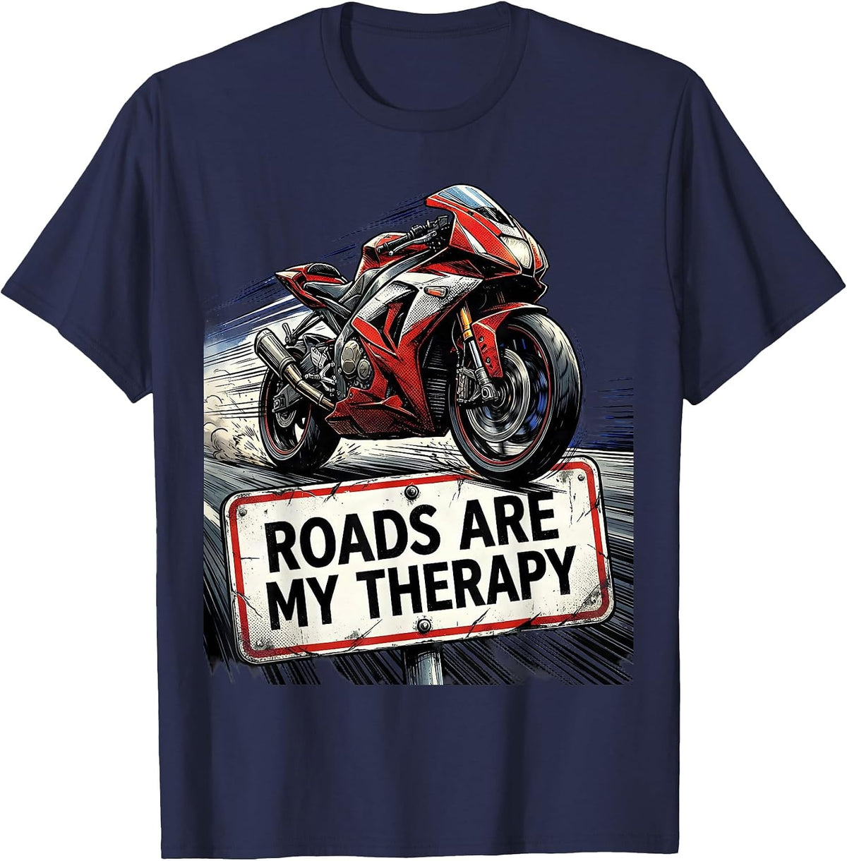 Men's Roads Are My Therapy Motorcycle Design T-Shirt - Navy Blue