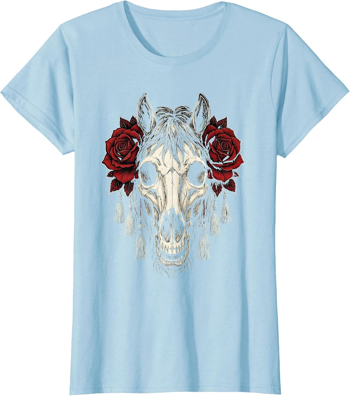 Women's Horse Skull Roses and Fringe Cowgirl Graphic T-Shirt - Baby Blue