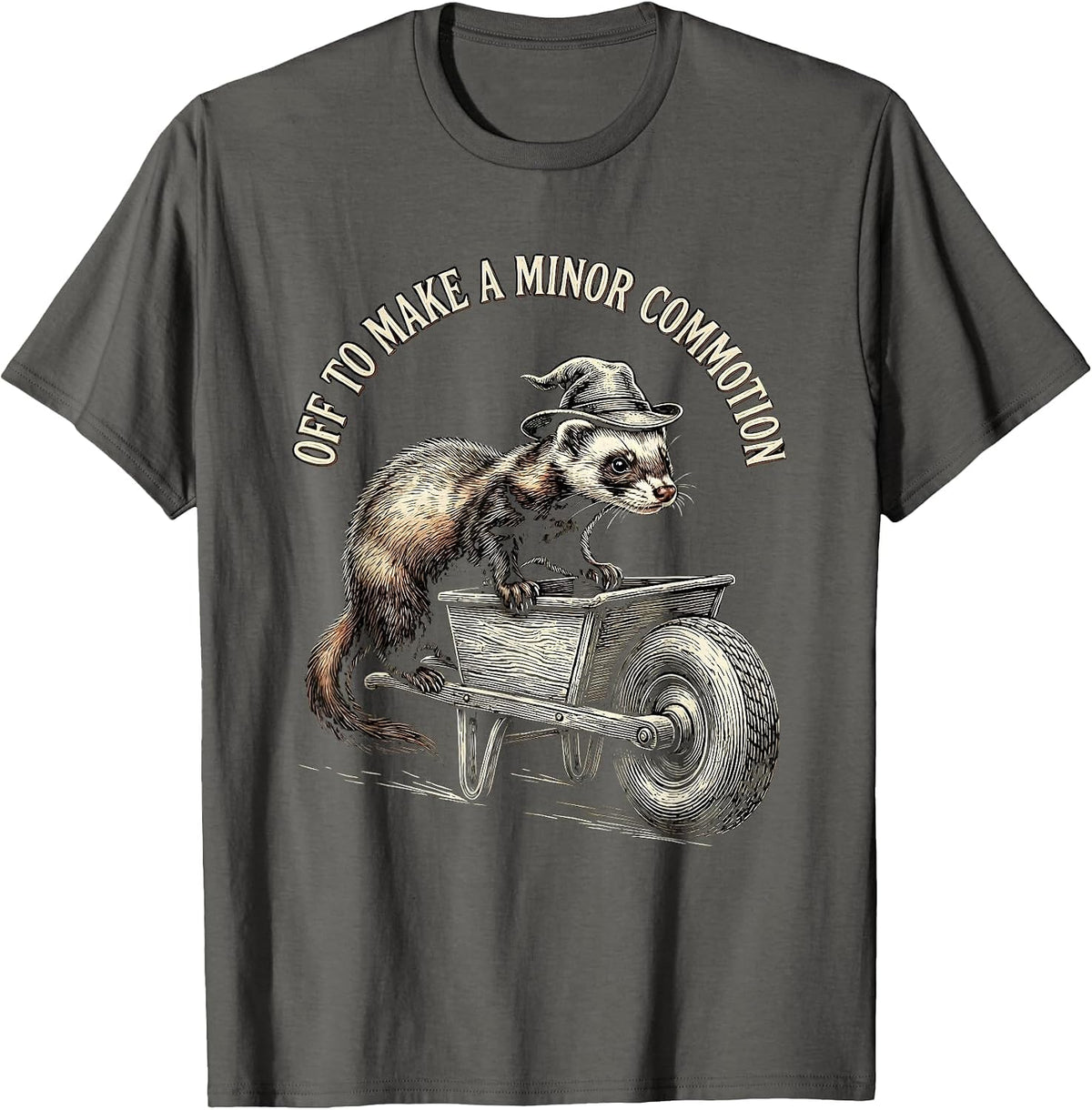 Off To Make A Minor Commotion Whimsical Ferret Humor T-Shirt - Asphalt Grey