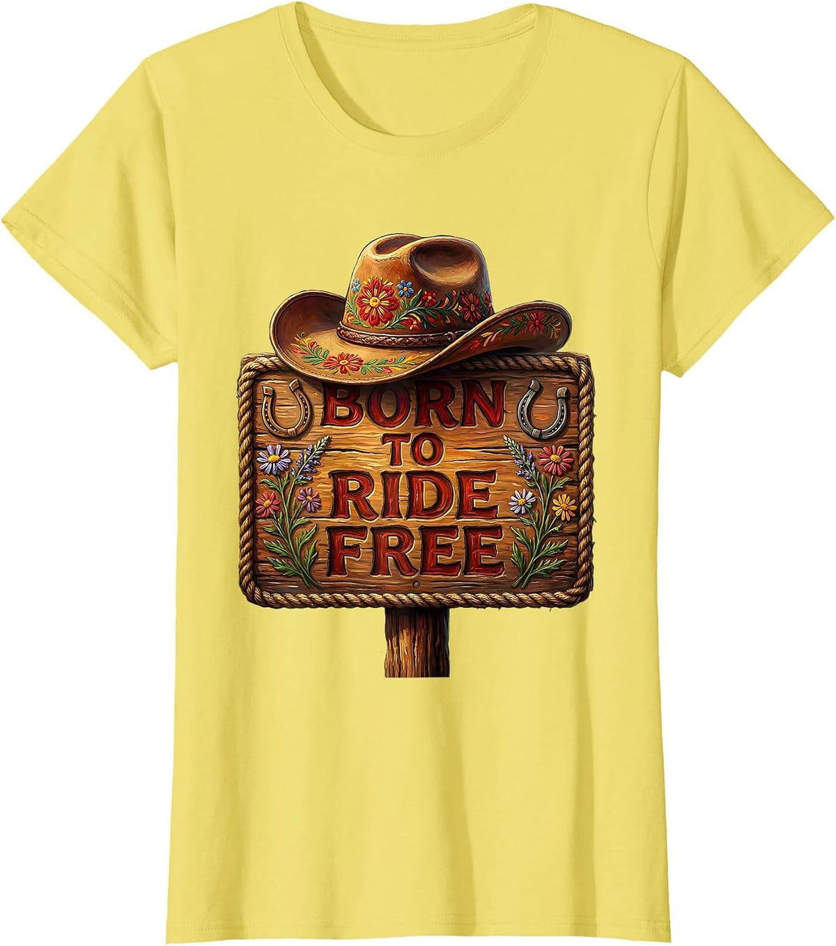 Born to Ride Free Cowboy Western Design T-Shirt - Lemon Yellow