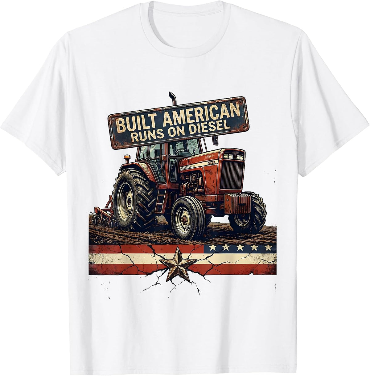 Men's Built American, Runs On Diesel Distressed Farmer Tractor T-Shirt - White