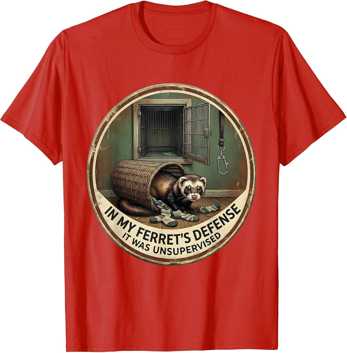 In My Ferret's Defense, It Was Unsupervised Funny T-Shirt, Men, Red, Large - As Pictured
